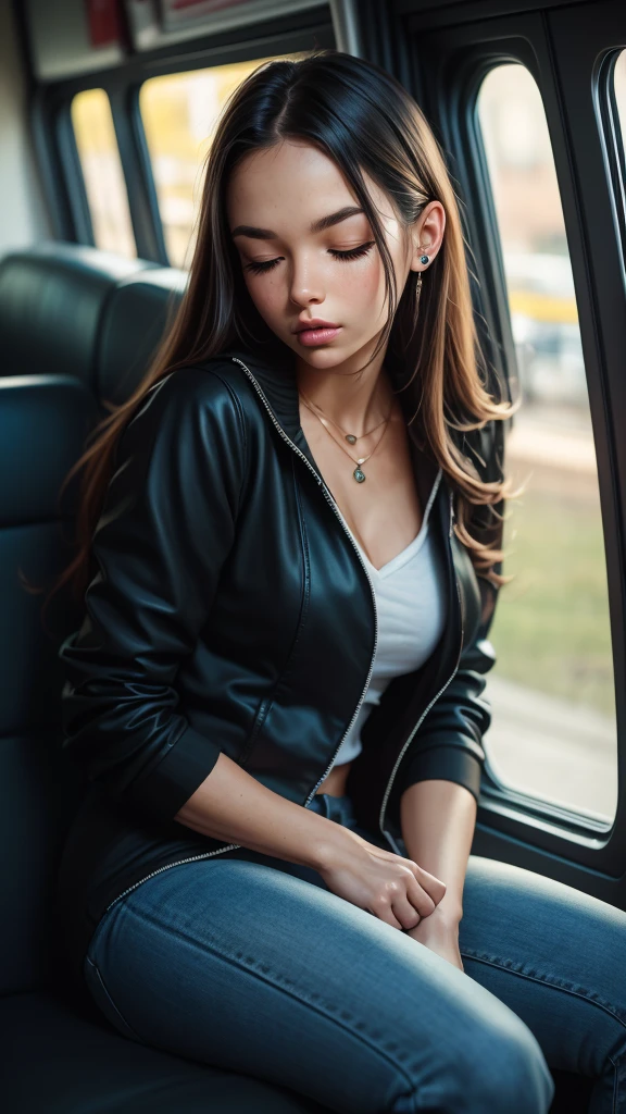 1 beautiful, adult woman, large body, head leaning against the window, outlined eyelids, made-up eyelids, made-up face, black jacket, neckline, black vest, light blue jeans, brown bag, sleeping sitting on the bus, mouth open, eyes closed.
