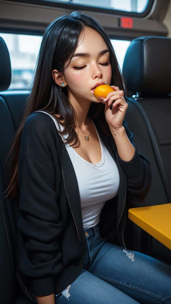 1 beautiful, adult woman, large body, head leaning against the window, outlined eyelids, made-up eyelids, made-up face, black jacket, neckline, black vest, light blue jeans, brown bag, sleeping sitting on the bus, mouth open, eyes closed.