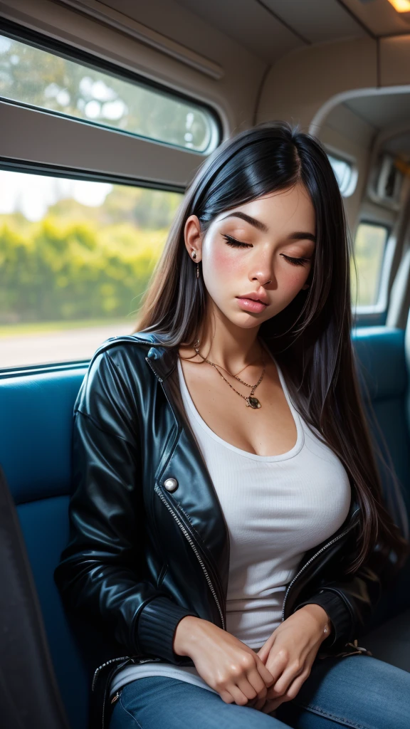 1 beautiful, adult woman, large body, head leaning against the window, outlined eyelids, made-up eyelids, made-up face, black jacket, neckline, black vest, light blue jeans, brown bag, sleeping sitting on the bus, mouth open, eyes closed.