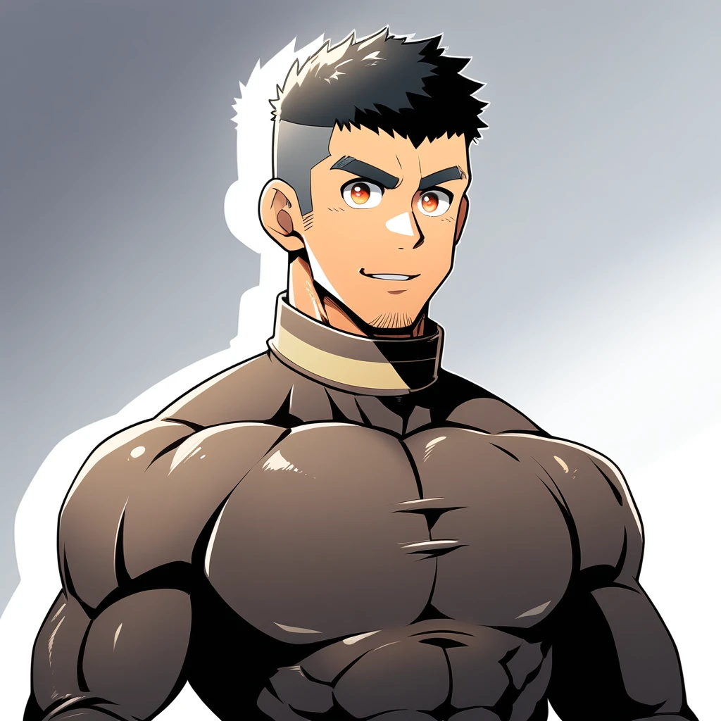 anime characters：Gyee, Muscle Sports Student, Manliness, male focus, Cute boy with big eyes, Brown high collar long sleeve tight T-shirt, Slightly transparent material, Very tight, Round, full and perky chest muscles, Slightly transparent, muscular male, muscular, only, Upper body, alone, Black short hair, Thick eyebrows, stubble, Cute little eyes, Brown-red pupils, Grey background, simple background, amazing quality, best aesthetics, Ridiculous, crew cut, parted lips, seductive smile, torogao, naughty face, drop shadow, best quality