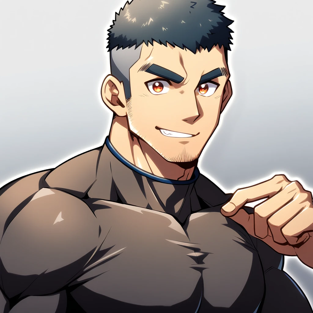 anime characters:Gyee, Muscle Sports Student, Manliness, male focus, Cute boy with big eyes, Brown high collar long sleeve tight T-shirt, Slightly transparent material, Very tight, Round, full and perky chest muscles, Slightly transparent, muscular male, muscular, only, Upper body, alone, Black short hair, Thick eyebrows, stubble, Cute little eyes, Brown-red pupils, Grey background, simple background, amazing quality, best aesthetics, Ridiculous, crew cut, parted lips, seductive smile, torogao, naughty face, drop shadow, best quality