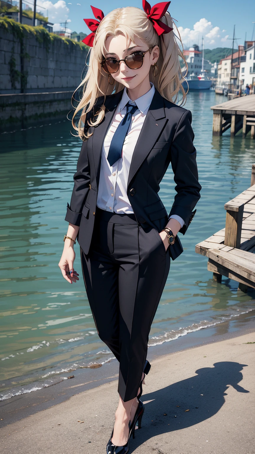 (masterpiece, best quality, detailed), 1girl, solo, looking at viewer, Ereshkigal, two side up, hair ribbon,
pant suit, suit, formal, black suit, black pants, necktie, white shirt, sunglasses, pier, dock, boat, harbor, water, lighthouse, seagull, indian style, hands on feet, smirk, smile, closed mouth