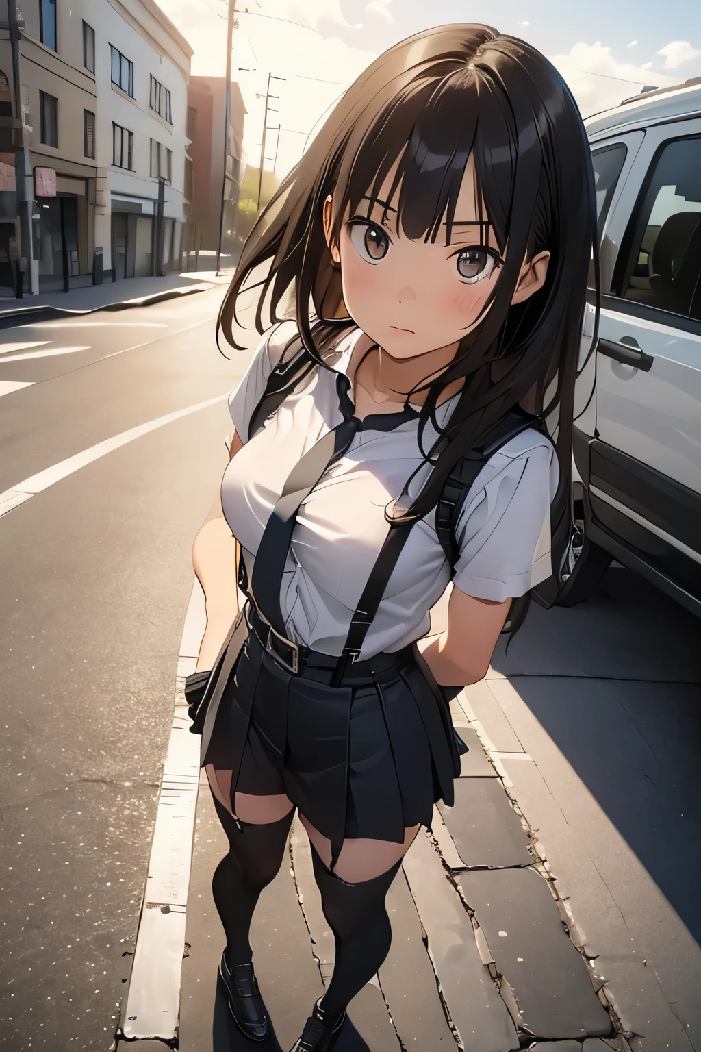 high quality, masterpiece, Ultra-high resolution, (realism: 1.4), Oil painting style, Cinema Lighting, , I stood on the empty asphalt road and looked at it., And the suspenders with the cranes flying　　Large Breasts　 　 　　　　Small face　 　　　holster　　　　　　　 Lying in bed　Looking up　　　　Sweat 　　　belt　summer　脇Sweat 　Black Hole Gloves　suit　　　　 mini skirt　garterbelt　Leg Links　ズボンにbelt　　holster　 　　Hands behind your back　 Anxious expression　Looking up　Anxious face　Knee-high　Knee socks　Knee-highソックス garterbelt　garter　ふとももにgarterbelt