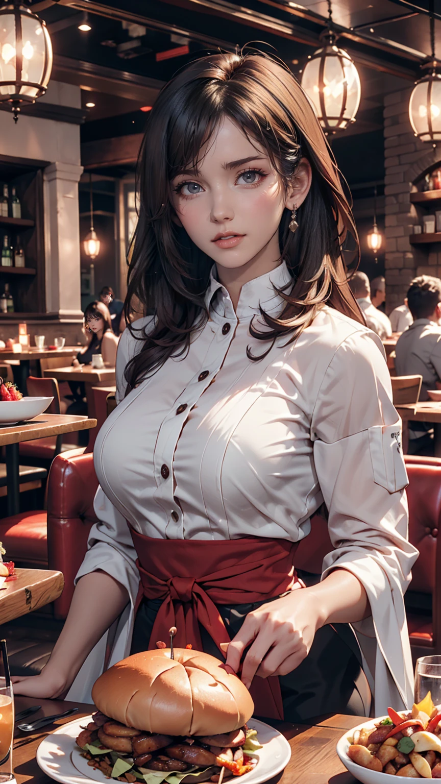 Beautiful Female Hair Portrait Photography by JoSkriver , Double Bang, Serve food in the restaurant, Bright red lips, (masterpiece) (Highest quality) (detailed) (8K) (High resolution) (wallpaper) (Cinema Lighting) (Sharp focus) (Complex)