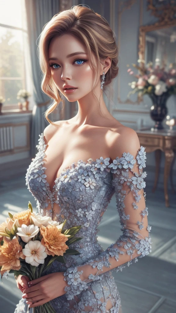 Beautiful blonde woman with blue eyes, elegant and refined, flower, Highly detailed face, Detailed eyes, beautiful long eyelashes, complicated details, Award-winning digital art, movie light, Amazing color, realistic, 8K, Masterpiece