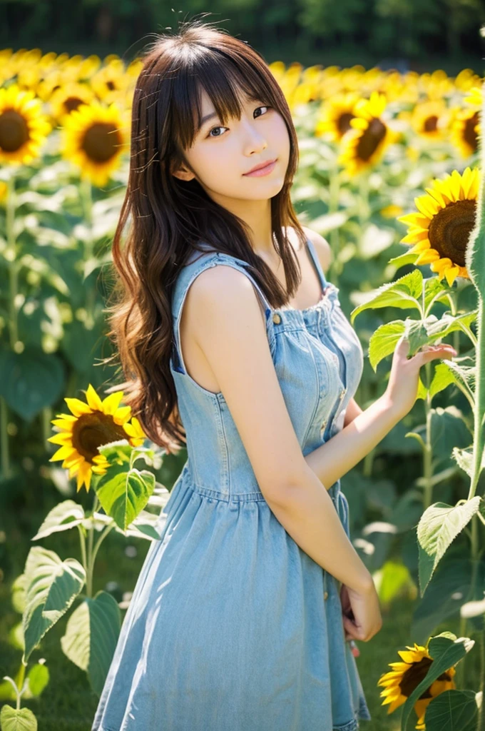 ((masterpiece)), ((best quality)), ((ultra-detailed)),((hyperrealistic)),shiny skin,1girl,((swept bangs)),hair intakes ,black hair,long hair,straight hair,ponytail,sidelocks,sideburns,((dark purple eyes)),medium breasts,14 years old,(summerdress),dynamic angle,smile,((sunflowers)),upperbody shot,

