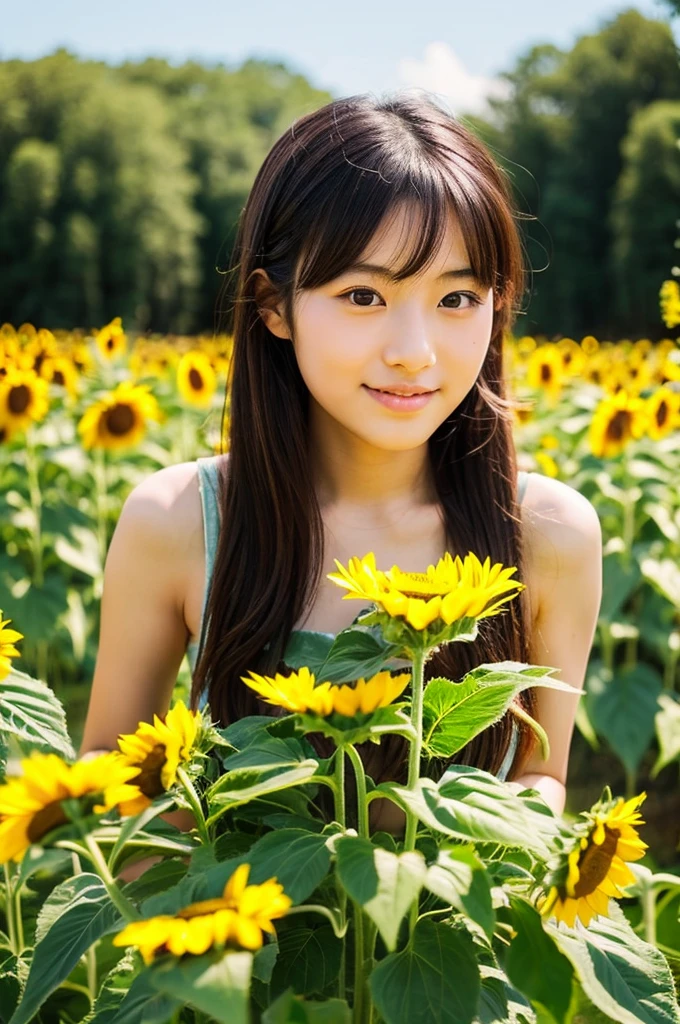 Young Japanese woman in a field of sunflowers