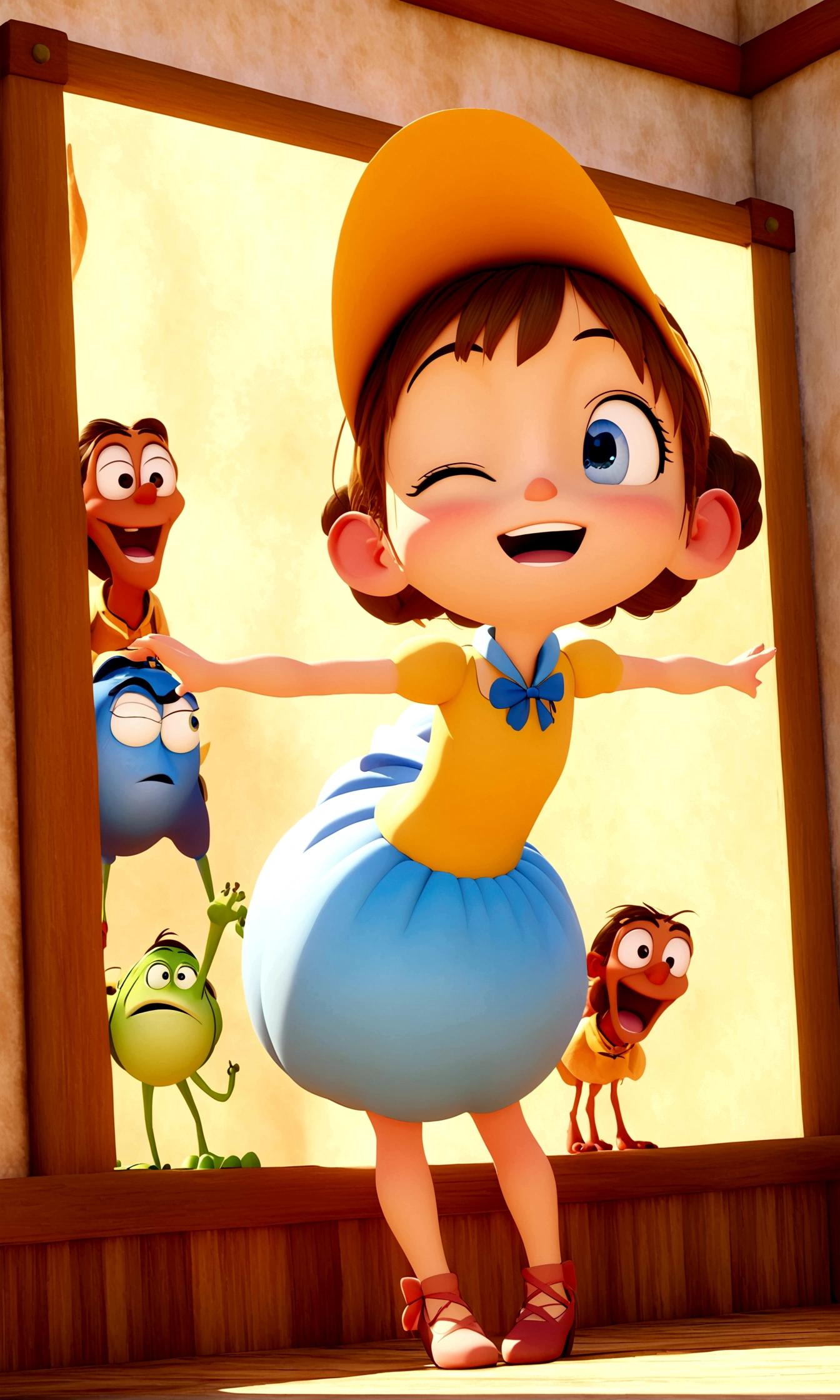 1Little girl sitting on the wooden floor,Sweaty face,Wear ballet costumes,Happy expression,For the audience;Composition:The character is on the right,The background is a gradient of golden velvet;3DAnimated Movies海报,pixar 3 d animation style,Pixar Renderman Rendering,Maya 8K,Animated Movies,disney pixar 3d style,indoor,Disney Pixar animated poster