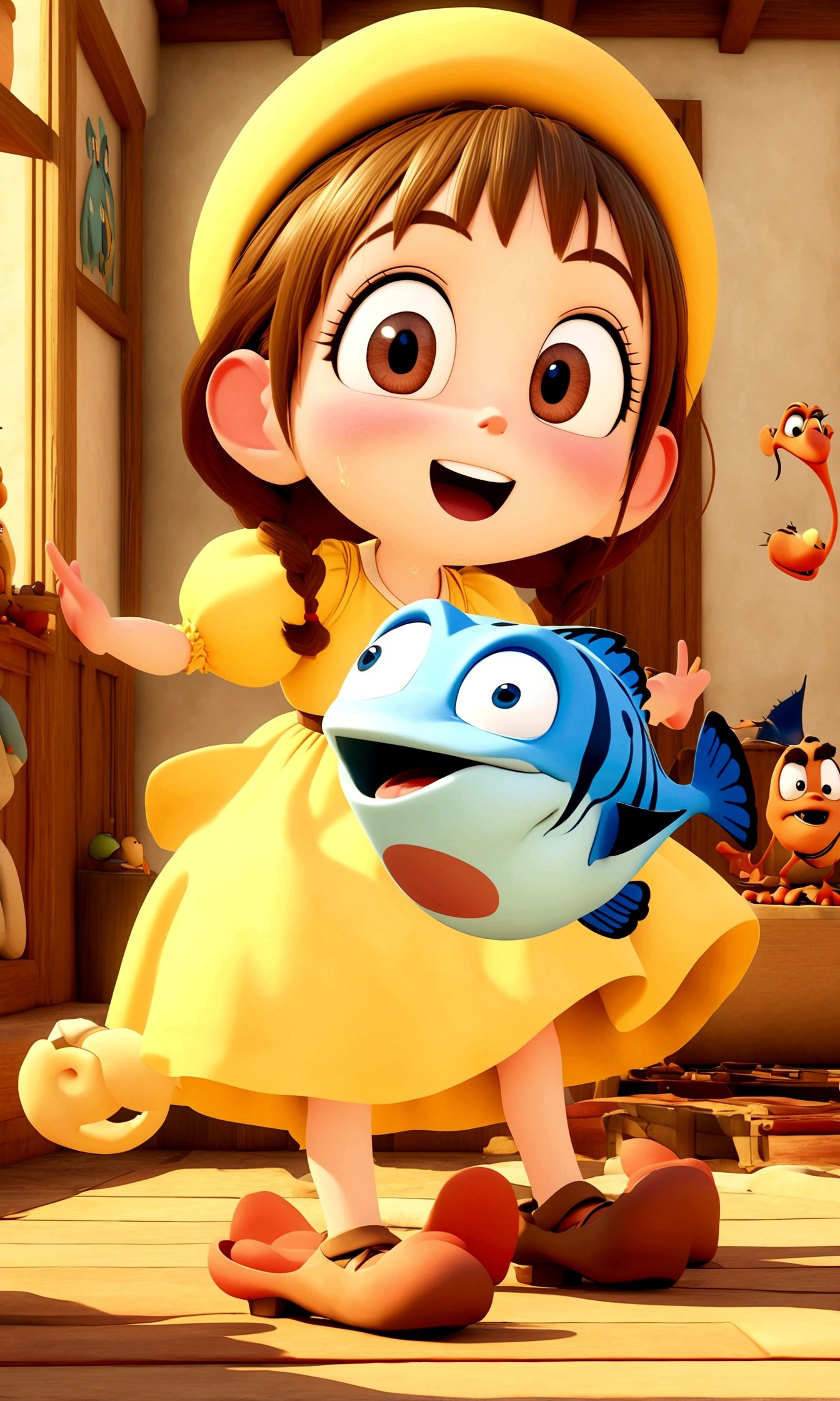 1Little girl sitting on the wooden floor,Sweaty face,Wear ballet costumes,Happy expression,For the audience;Composition:The character is on the right,The background is a gradient of golden velvet;3DAnimated Movies海报,pixar 3 d animation style,Pixar Renderman Rendering,Maya 8K,Animated Movies,disney pixar 3d style,indoor,Disney Pixar animated poster