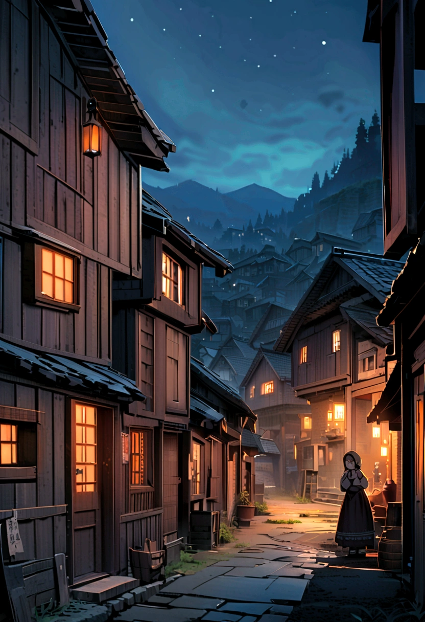 Poor street of a mountain village, Villagers, an old house, Very detailed, night, frowning, scary, overlooking