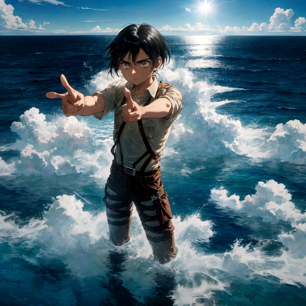 Eren from Attack on Titan standing on a cliff, pointing towards the vast sea under a bright blue sky with scattered clouds. The sun reflects off the water, creating a shimmering effect. The scene captures the serene beauty of the ocean and the determination in Eren's expression. Detailed textures, vivid colors, dynamic lighting, hd quality