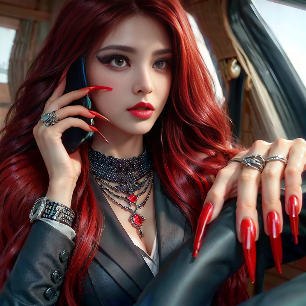 (((long fingernails))), a girl with long red hair and a bow in her hair, chinese model, beautiful, asian, pretty nezuko, ayaka genshin impact, rin tohsaka, official artwork, demon slayer, tanjiro kamado, flaming katana, kawacy, anime visual of a cute girl, long sharp fingernails, mixed color