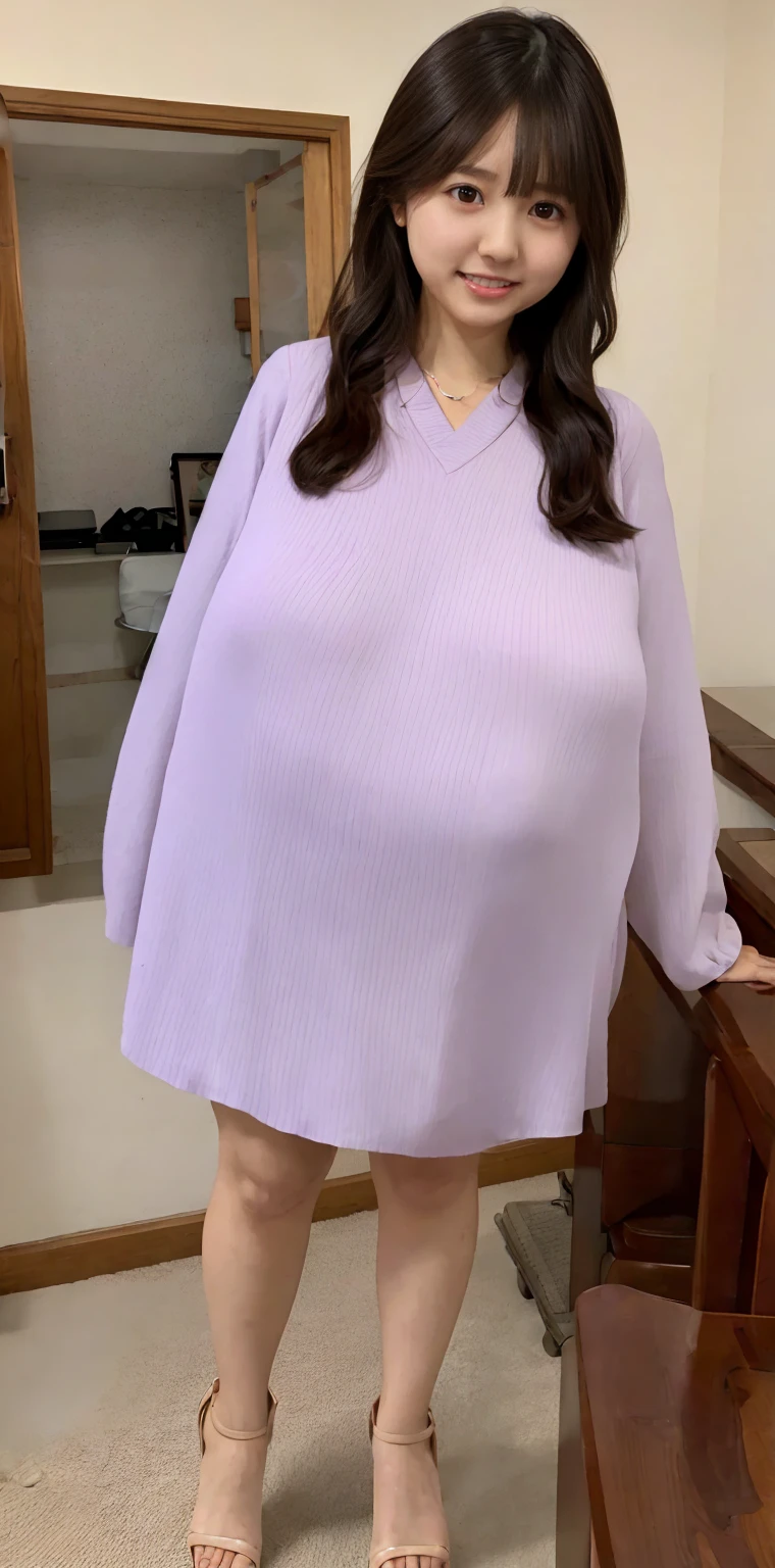 (Highest quality、Highest quality、Raw quality)、Japanese ID, Mature Woman, ((Chubby round face around 40 years old)), Wavy black hair with no bangs, Medium Long Hair, ponytail, Flashy makeup, Fuller lips, Sexy Gaze, uniform, ((dressing)), looking at the camera, Low angle shooting, Cute duck lips,((Very accurate and correct anatomy)), (masterpiece:1.3), Glamor and perfect proportions, Realistic photos, Full Shot, whole body, (height: 146cm), High heels