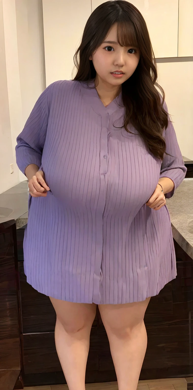 (Highest quality、Highest quality、Raw quality)、Japanese ID, Mature Woman, ((Chubby round face around 40 years old)), Wavy black hair with no bangs, Medium Long Hair, ponytail, Flashy makeup, Fuller lips, Sexy Gaze, uniform, ((dressing)), looking at the camera, Low angle shooting, Cute duck lips,((Very accurate and correct anatomy)), (masterpiece:1.3), Glamor and perfect proportions, Realistic photos, Full Shot, whole body, (height: 146cm), High heels
