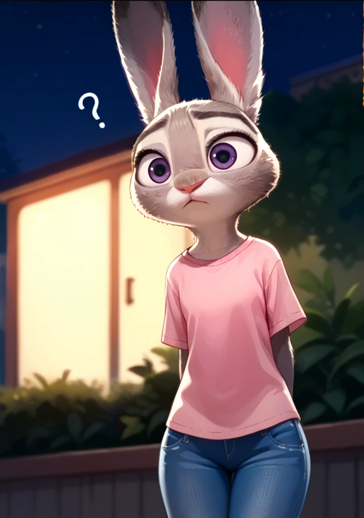 score_9, score_8_up, score_7_up, score_6_up, source_furry, judyhopps confused, dark, night, backlighting, solo, pink shirt, jeans, arms at sides, front view, portrait 