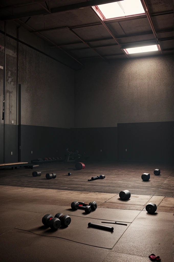 A photorealistic image of a deserted gym, weights scattered on the floor and equipment covered in dust. A single red light flickers ominously in the distance.
