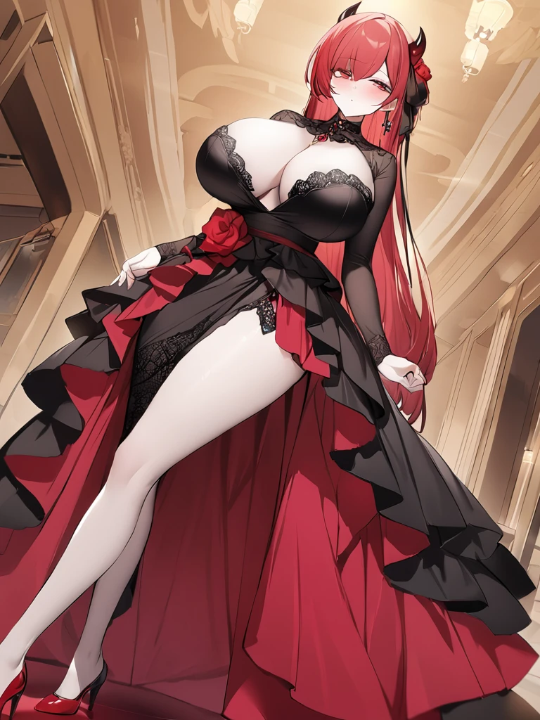 Highest quality、devil、Long Red Hair、Black Dress、Big Breasts、Lots of lace、Fluttering Skirt、red heels、Long skirt