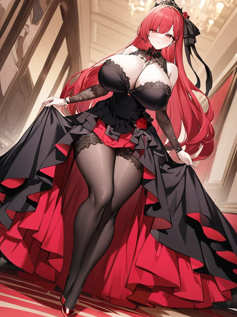 Highest quality、devil、Long Red Hair、Black Dress、Big Breasts、Lots of lace、Fluttering Skirt、red heels、Long skirt