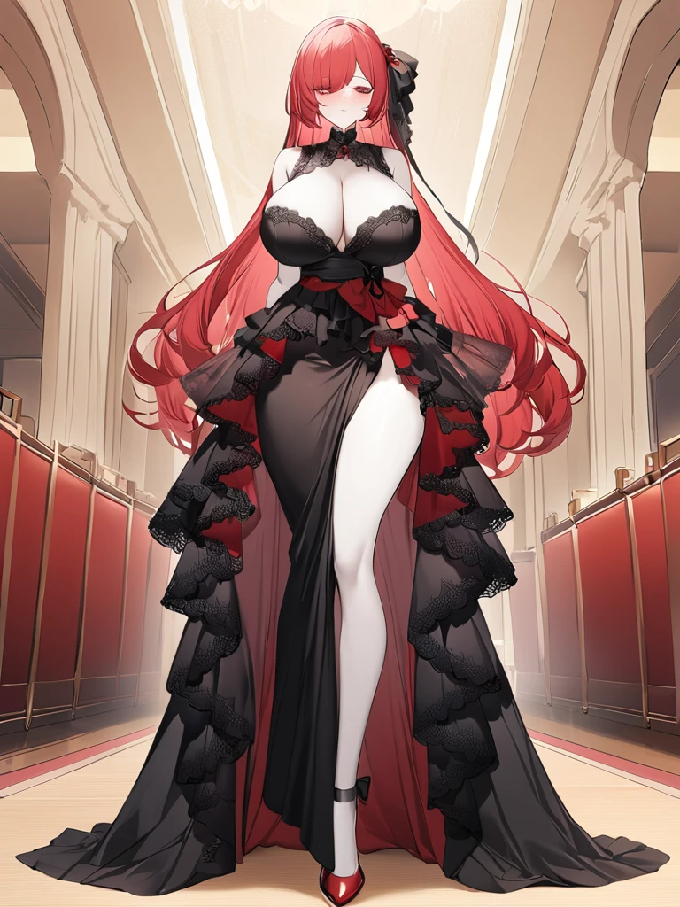 Highest quality、devil、Long Red Hair、Black Dress、Big Breasts、Lots of lace、Fluttering Skirt、red heels、Long skirt