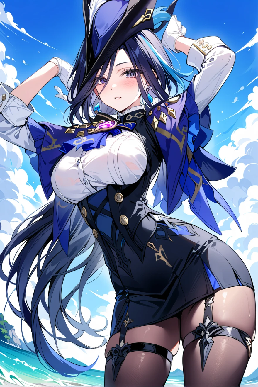 Sex中出し 飯綱丸めぐむ, Blue Tokin Hat, White Circle Scarf, 青いClothes, Gold Shoulder Plate, Black Cape, pom-pom (Clothes), Purple Connect Feature, Sex, No pants, front, M-shaped feet