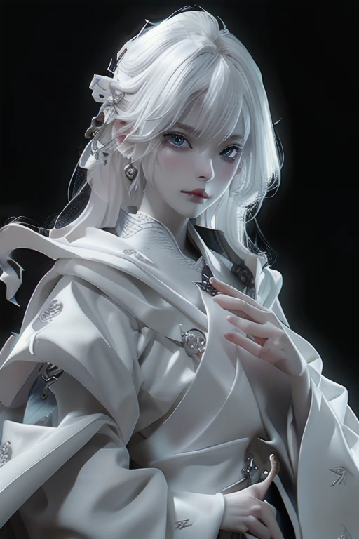 white-haired white fury with a crown of skulls, pale skin, an evil look, eyes with heterochromia from which black smoke comes, girl, detail, atmosphere of fear, death in the background, style, black medieval armor, shoulder pads made of skulls