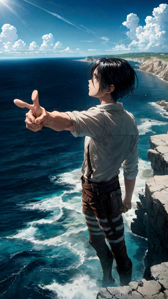 Eren from Attack on Titan standing on a cliff, pointing towards the vast sea under a bright blue sky with scattered clouds. The sun reflects off the water, creating a shimmering effect. The scene captures the serene beauty of the ocean and the determination in Eren's expression. Detailed textures, vivid colors, dynamic lighting, hd quality