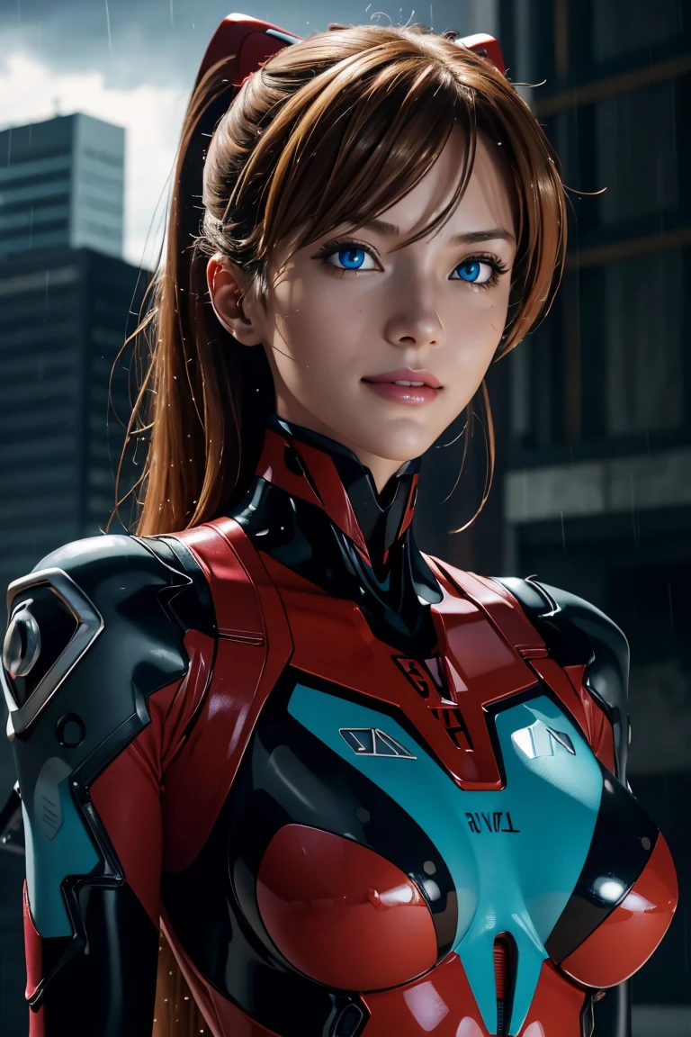 Evangelion,Asuka Langley,blue eyes,Plug Suit,Bodysuits,Interface Headset,赤いBodysuits,Ultra HD,super high quality,masterpiece,Digital SLR,Photorealistic,Detailed details,Vivid details,Depicted in detail,A detailed face,Detailed details,Super Detail,Realistic skin texture,Anatomical basis,Perfect Anatomy,Anatomically correct hand,Anatomically correct fingers,Complex 3D rendering,Sexy pose,Rainy Sky,Beautiful scenery,Fantastic rainy sky,Picturesque,Pink Lips,smile,