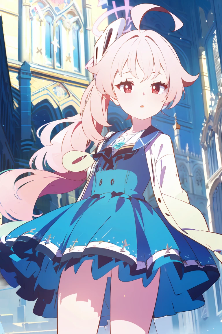 1girl, (masterpiece, vertex quality, extreme detail:1.4), (blue archive event stills), (fine beautiful hair), (beautiful eyes), (THE IDOLM@STER CINDERELLA GIRLS my first star costume), (Lots of intricate decorative accessories and ornaments:1.2), BREAK, natsu, long hair, pink hair, side ponytail, ahoge, red eyes, halo,, blue dress, (white cardigan), look at viewre, (magnificent views, outdoors, oxford churches), depth of field, cinematic lighting, Light particle effects, (beautiful Iris: 1.4), blue archive, natsu