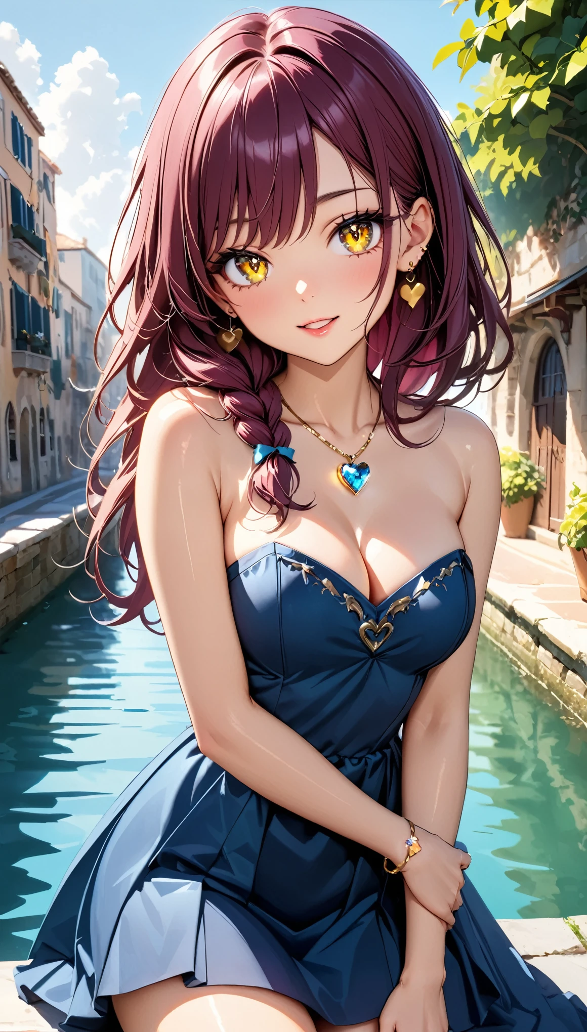 (highest quality:1.4), Very detailed, 8K, Vibrant, Best aesthetics, Accurate, (masterpiece:1.4),
BREAK
(Cowboy Shot:1.4), 1 beautiful girl, 18yo, small face, beautiful detailed face, narrow waist, The beauty and danger of growing from a girl to an adult, A symbol of miraculous beauty, Graceful posture, sensual, bewitching woman, (cleavage:0.8), (burgundy hair, shiny hair, 1 long single braid of hair flowing from the shoulder to the front:1.5), Swept bangs,
BREAK
(Deep Blue Dress, off shoulder, Strapless dress, Sleeveless:1.4), (tiny earrings made of aqua blue sapphire:1.2),
BREAK
A fantasy world cityscape, sunny afternoon, A city resembling Venice with canals, (Leaning against the railing of a bridge over a large river), Bright lighting, Beautiful world, Blown by the gentle wind, Soft sunlight that induces afternoon drowsiness, looking side glance, (left hand on own chest, five fingers:1.2),
(vivid yellow eyes:1.4), (slit pupils, slant eyes, glass-like sparkling eyes are blurry and dreamy, beautiful detailed eyes, sparkling eyes, long delicate eyelashes, Meticulous Eyelash Details), (1 tiny golden heart-shaped ring pendant:1.5),
BREAK
(hot gaze, heart-shaped lips, beautiful detailed lips, Glossy, Open Mouth, Leaking sigh), seductive smile,