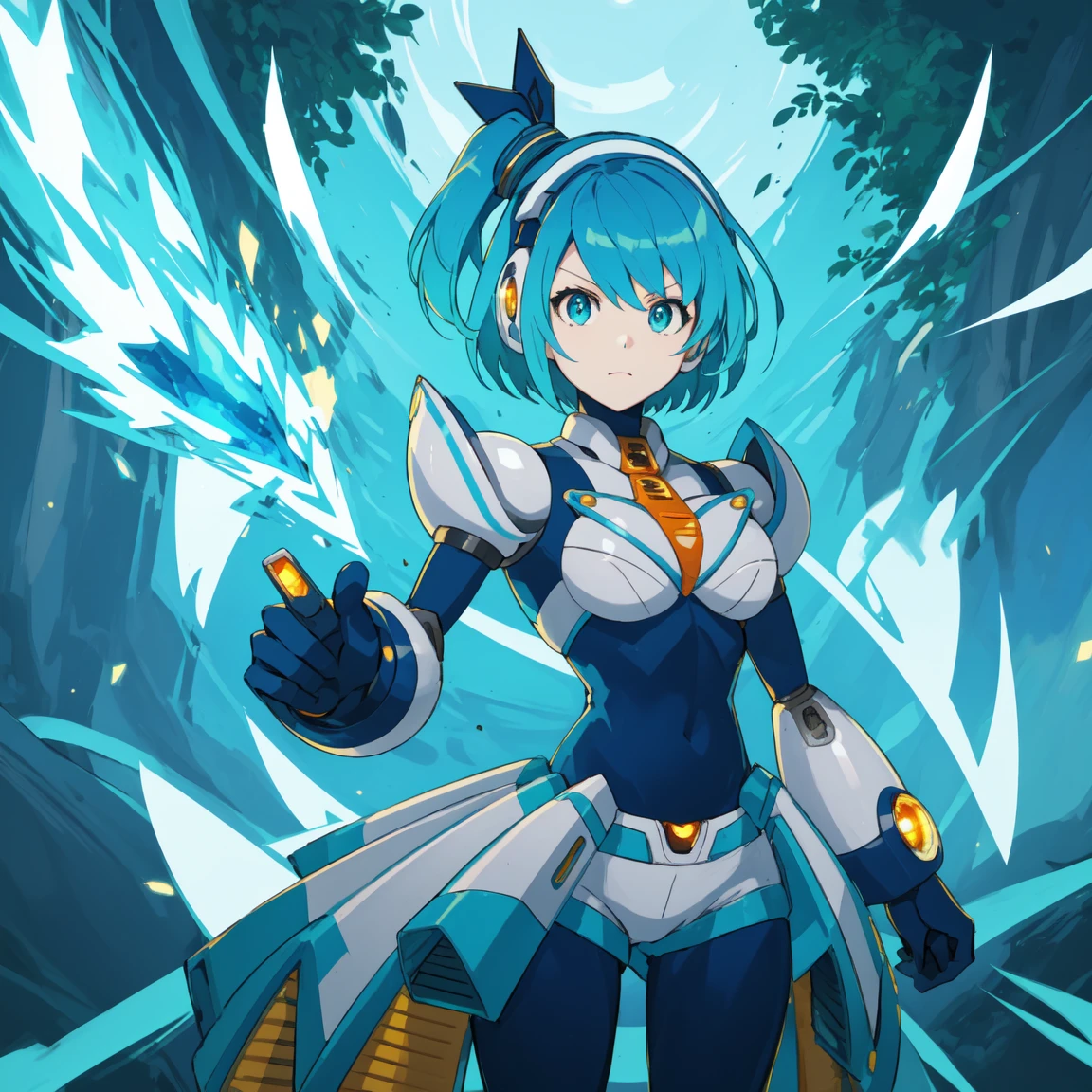 rico_megamanxdive, 1girl, solo, blue eyes, short hair, blue hair, android, high quality, masterpiece, standing with green flames coming from a tree