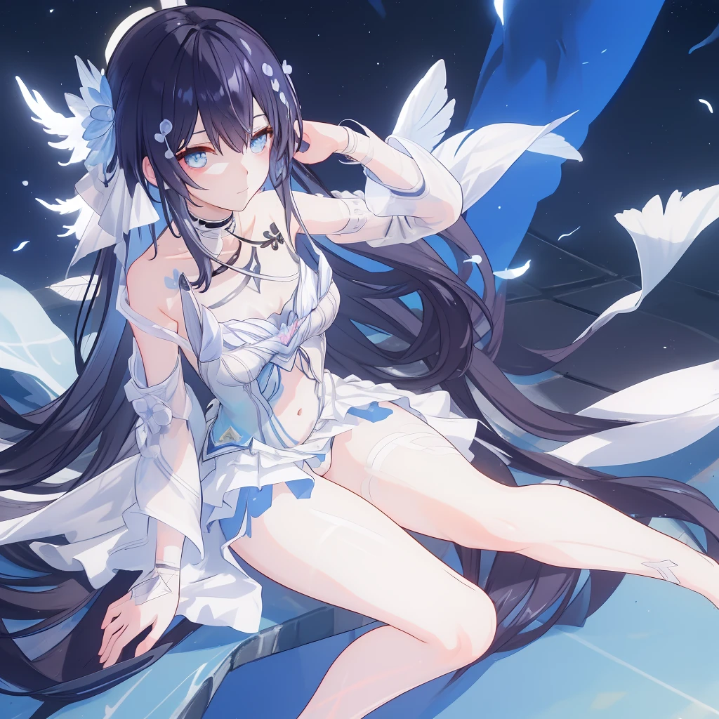 ((A far view)) of a anime girl, (sitting near a whale), cinematic light, slim body with curves, skin perfectly white, soft, and smooth, Extremely delicate and beautiful CG illustration, best quality, high resolution, dynamic angle, full-length lens, (1 girl), soft light, high-key lighting), glowing light, blue aura, feathers fluttering background, blue crystal, black long hair, barefoot