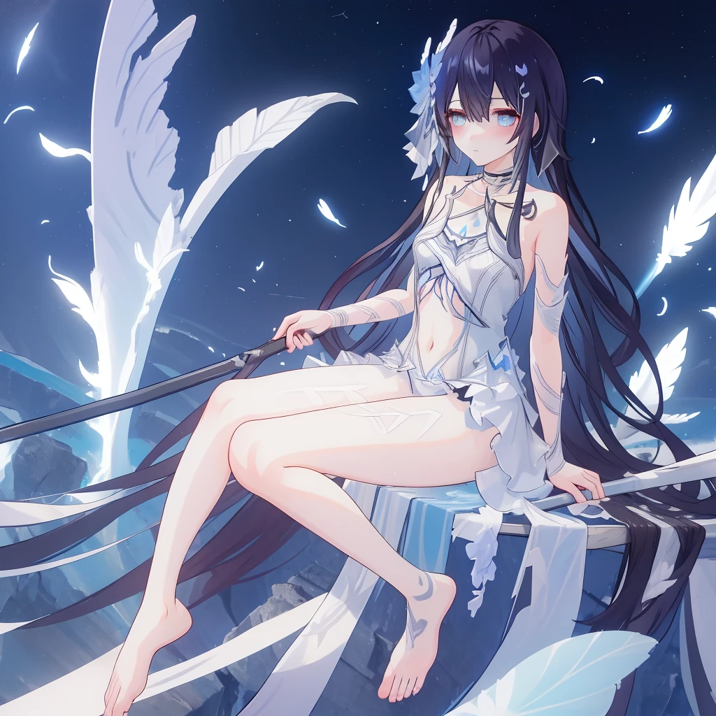 ((A far view)) of a anime girl, (sitting near a whale), cinematic light, slim body with curves, skin perfectly white, soft, and smooth, Extremely delicate and beautiful CG illustration, best quality, high resolution, dynamic angle, full-length lens, (1 girl), soft light, high-key lighting), glowing light, blue aura, feathers fluttering background, blue crystal, black long hair, barefoot