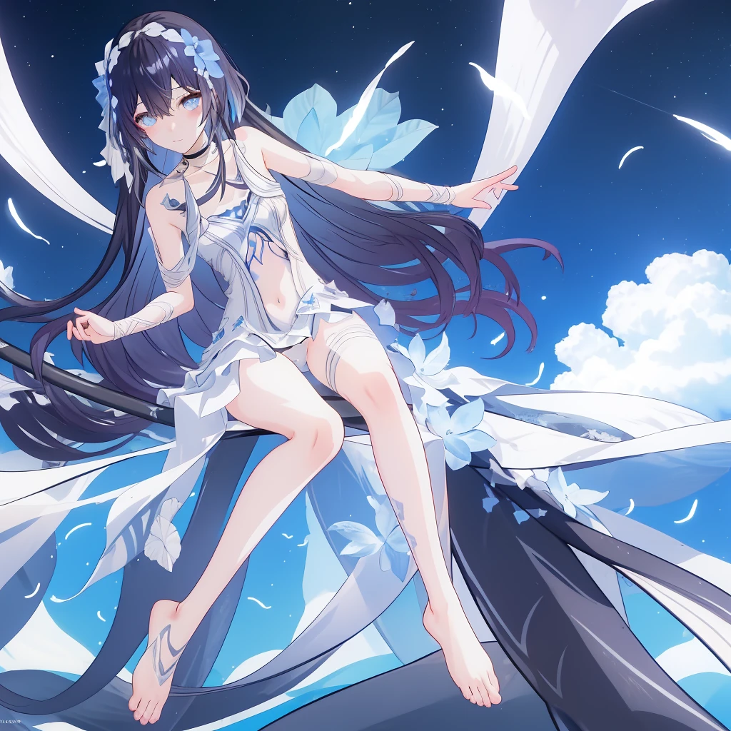 ((A far view)) of a anime girl, (sitting near a whale), cinematic light, slim body with curves, skin perfectly white, soft, and smooth, Extremely delicate and beautiful CG illustration, best quality, high resolution, dynamic angle, full-length lens, (1 girl), soft light, high-key lighting), glowing light, blue aura, feathers fluttering background, blue crystal, black long hair, barefoot