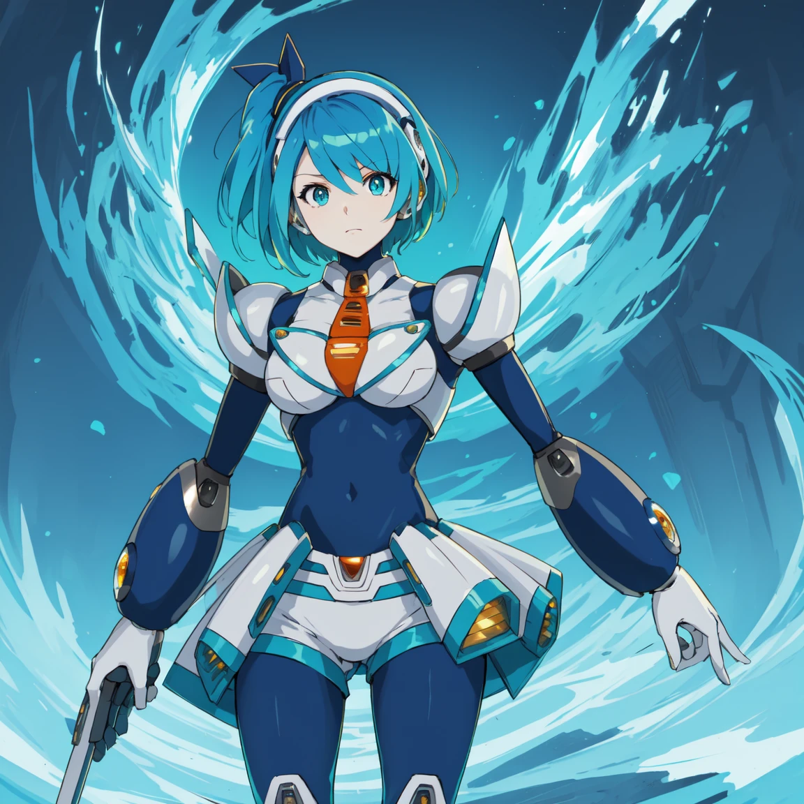 rico_megamanxdive, 1girl, solo, blue eyes, short hair, blue hair, android, high quality, masterpiece, standing with green flames coming from a tree