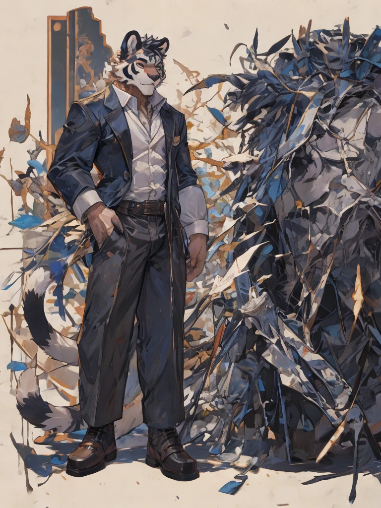 {{bara extremely handsome white tiger,}} {{white fur,}} white, wearing elegant ornate suit jacket, trousers, white dress shirt and necktie, white fluffy furry body and limbs, loafers, very tall, very broad shoulders, narrow waist, muscular arms, massive pecs, purple eyes, very long legs, massive bulge, sophisticated hot look, full body, 3/4 view, best quality, high quality, silver earring on left ear, sultry smirk, multiple views, character sheet