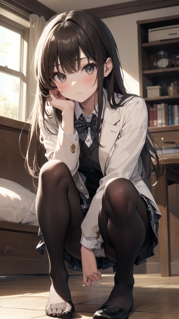 Top quality, masterpiece, High resolution, (Head to toe full body), front, frontやや下からの構図, Symmetric, Tall 18 year old girl, alone, (Head to toe), (Small breasts), Unkempt brown hair, bangs, (black tights), (Black Pantyhose), (Sit with your legs apart), (Crouching pose), (A composition showing white panties), (Her legs were spread、I see your white pants.), (I was made to sit on the floor with my legs spread..), (M-shaped legs), Thin legs, A very beautiful and tall 18 year old girl, (No shoes), blush, Shy big eyes, looking at the camera, Blazer Uniform, Checkered Pleated Skirt