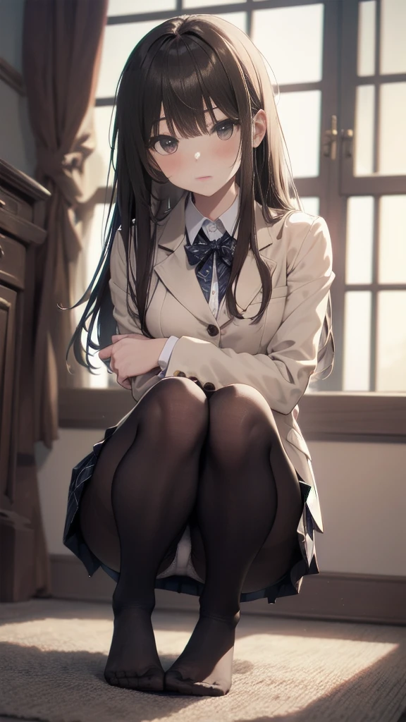 Top quality, masterpiece, High resolution, (Head to toe full body), front, frontやや下からの構図, Symmetric, Tall 18 year old girl, alone, (Head to toe), (Small breasts), Unkempt brown hair, bangs, (black tights), (Black Pantyhose), (Sit with your legs apart), (Crouching pose), (A composition showing white panties), (Her legs were spread、I see your white pants.), (I was made to sit on the floor with my legs spread..), (M-shaped legs), Thin legs, A very beautiful and tall 18 year old girl, (No shoes), blush, Shy big eyes, looking at the camera, Blazer Uniform, Checkered Pleated Skirt