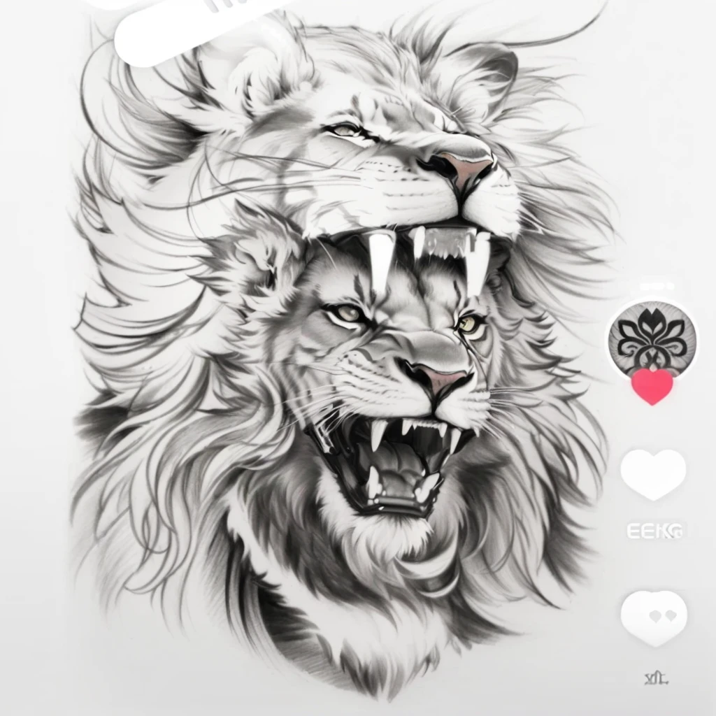 Close-up of a drawing of a lion with a heart, 2D lion in full growth, realistic tattoo drawing, realism Tattoo sketch, Tattoo sketch, Tattoo sketch, High-quality sketch, realism design tattoos, design tattoos sketch, black and white detailed sketch, ink, ✏️🎨, high detail drawing, design tattoos, medium sized Tattoo sketch