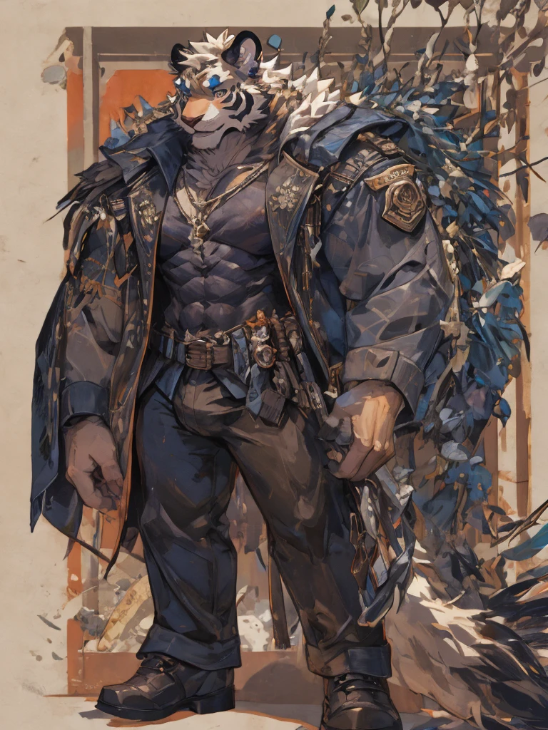 {{bara extremely handsome white tiger,}} {{white fur,}} white, wearing elegant ornate suit jacket, trousers, white dress shirt and necktie, white fluffy furry body and limbs, loafers, very tall, very broad shoulders, narrow waist, muscular arms, massive pecs, purple eyes, very long legs, massive bulge, sophisticated hot look, full body, 3/4 view, best quality, high quality, silver earring on left ear, sultry smirk, multiple views, character sheet