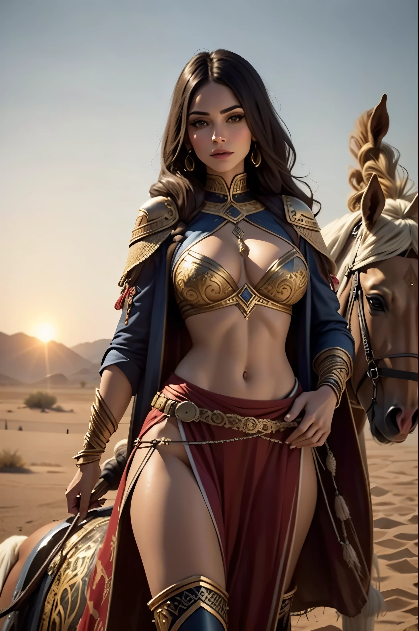 Imagine a Persian woman leading a horse, extremely pretty, perfect body,, warrior, extremely detailed, desert, sunset
