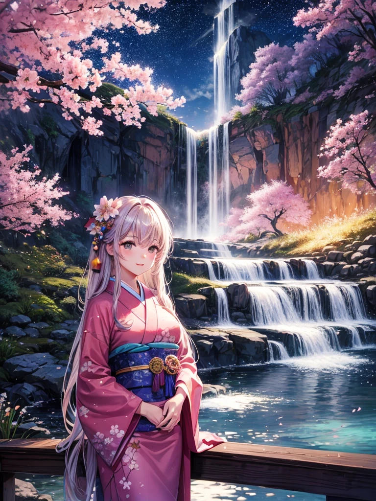 Highest quality,Highest Resolution,cherry blossoms,(((waterfall))),Night Sky,Starry Sky,full moon,Beautiful girl in kimono,