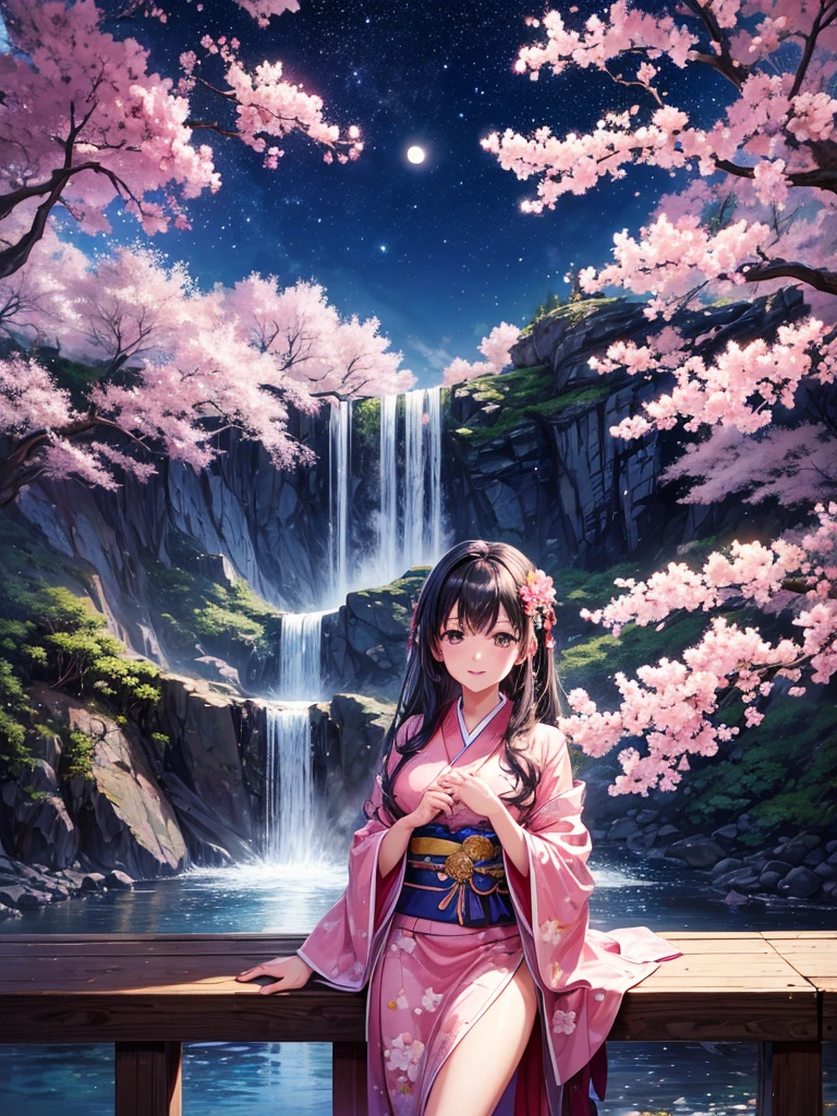 Highest quality,Highest Resolution,cherry blossoms,(((waterfall))),Night Sky,Starry Sky,full moon,Beautiful girl in kimono,