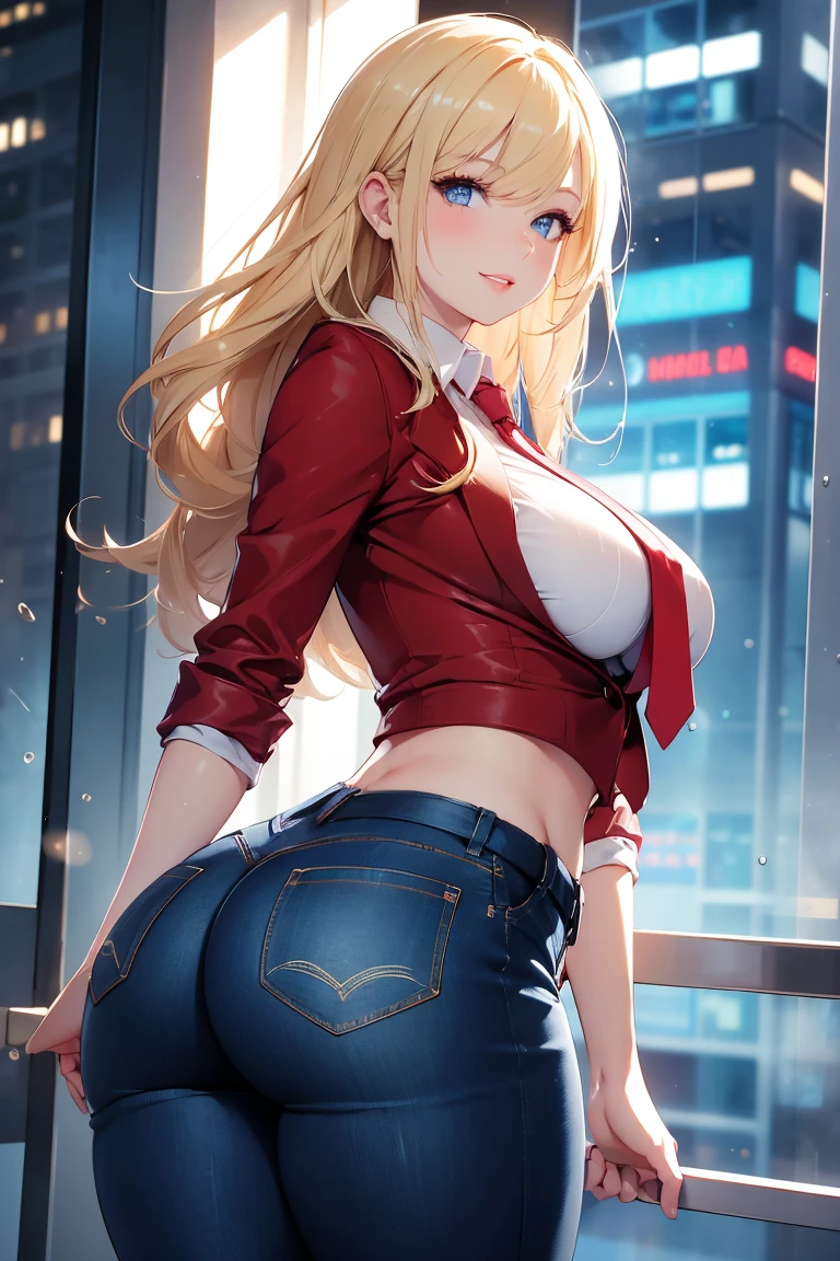 One Girl , Office Clothes , Nice Jacket , Short Tight Jeans , Red Tie , Girl in Office , Outside Window View of Futuristic City , Lush Breasts , Wide Hips , Narrow Waist , Big Butt , Chubby Lips , Blonde Hair , Blue Eyes , Smile on Lips , Wet , In Motion , Correct Anatomy , Awesome Quality , Bright Colours , Velecolebdny Picture , Friendly .
