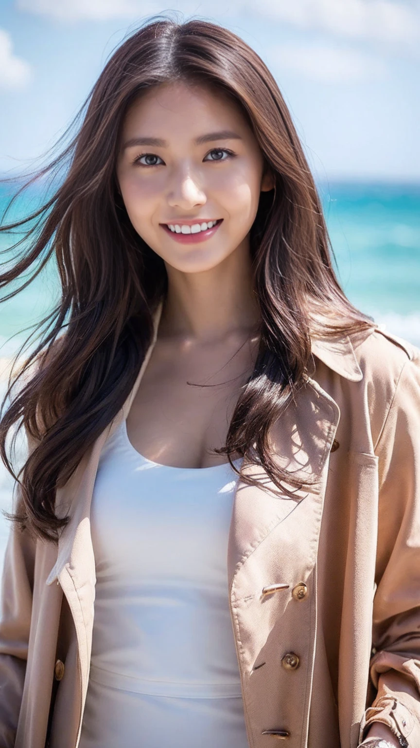 smile, (Top quality details:1.2),8K high resolution,Super detailed,High-quality texture,Intricate details,Detailed Texture,In detail,High detail,Highly detailed CG,High Quality Shadows,Beautiful and delicate face down to the last detail,(Beautiful and delicate eyes:1.32),Depth of written boundary,Ray Tracing,(Beautiful 25 years old lovely classic russian woman:1),Glowing Eyes,blush, Perfect body,Brown Hair,dance,フリーdance,スピンdance,Red trench coat set, sunlight,Sea sky background,The sea breeze blows,The world is vast