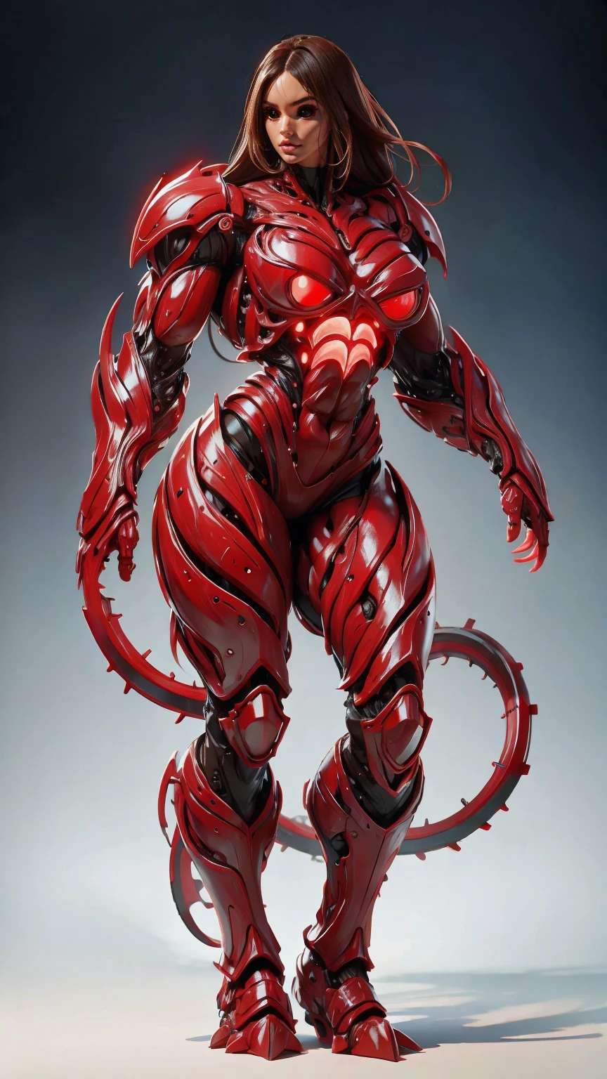 a portrait of Megan fox as armored carnage, (red carnage skinless muscular bio-mecha armor:1.25), (mouth wide open, carnage style:1.25), (full body view:1.25), Realistic, Very detailed face and eyes, (masterpiece:1.1), (beautiful girl face:1.45)