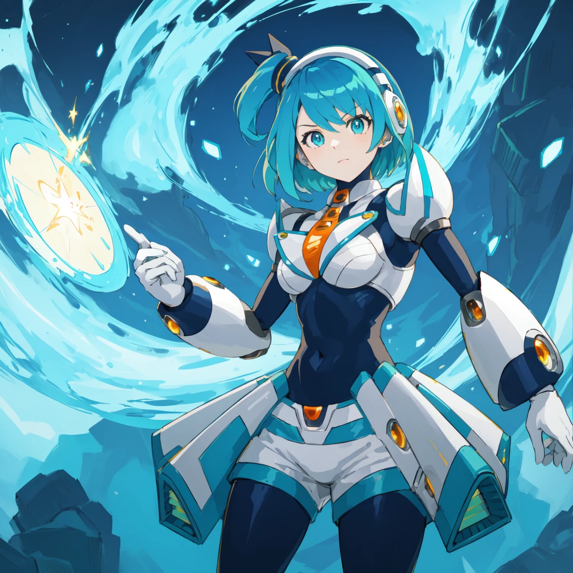 rico_megamanxdive, 1girl, solo, blue eyes, short hair, blue hair, android, high quality, masterpiece, standing with green flames coming from a tree