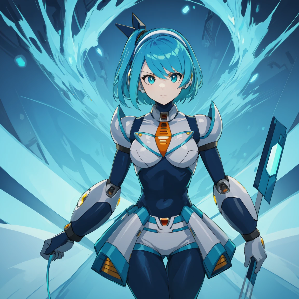 rico_megamanxdive, 1girl, solo, blue eyes, short hair, blue hair, android, high quality, masterpiece, standing with green flames coming from a tree
