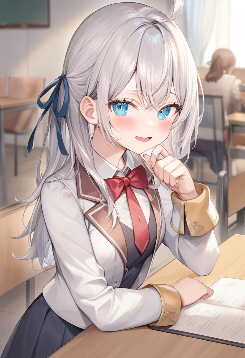 One girl,  Alisa Mikhailovna Kujo,Tomorrow, my friend, Arya-san, will be visiting Russia.,alone, Long Hair, Eyebrows visible through hair, Hair between the eyes, Silver Hair, Hair Ribbon, blue eyes, Medium chest, ,Long sleeve, Jacket,
View your viewers, 
Highest quality, so beautiful, 