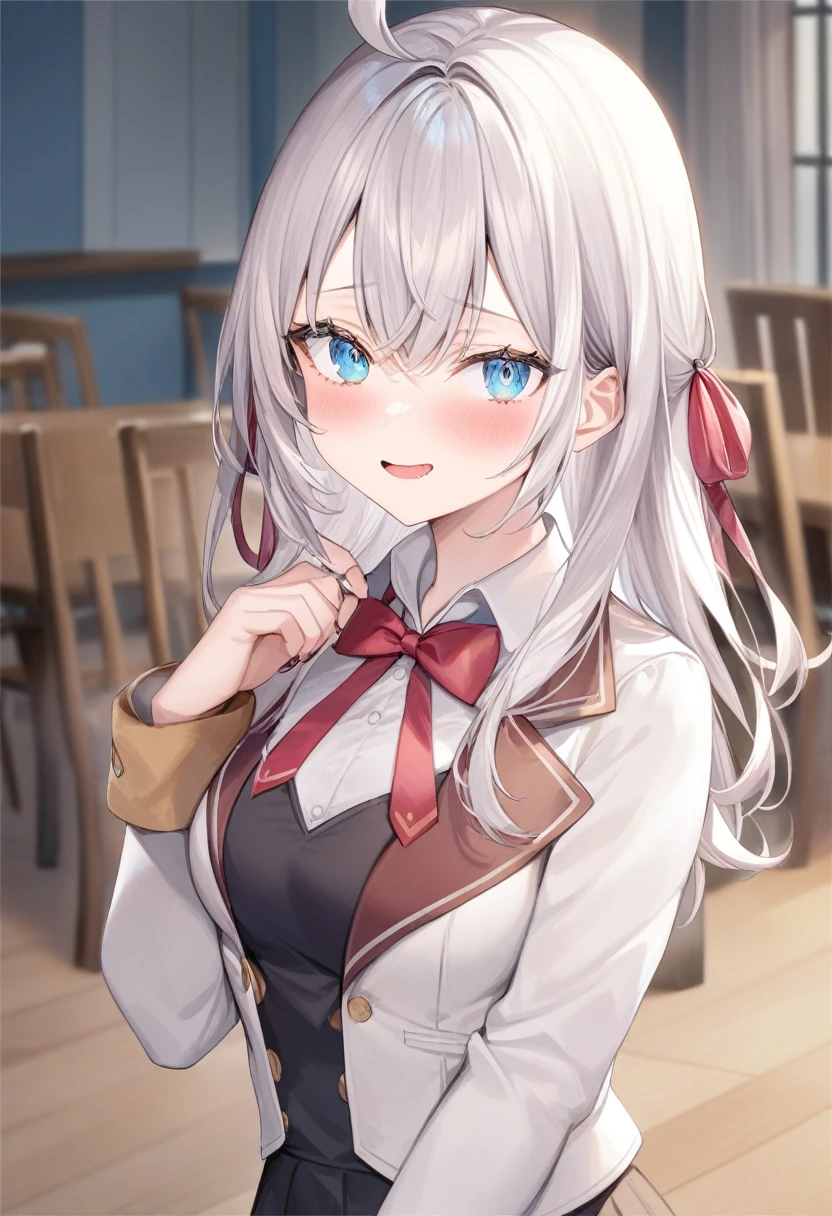 One girl, Alisa Mikhailovna Kujo,Tomorrow, my friend, Arya-san, will be visiting Russia.,alone, Long Hair, Eyebrows visible through hair, Hair between the eyes, Silver Hair, Hair Ribbon, blue eyes, Medium chest, ,Long sleeve, Jacket,
View your viewers,
Highest quality, so beautiful,