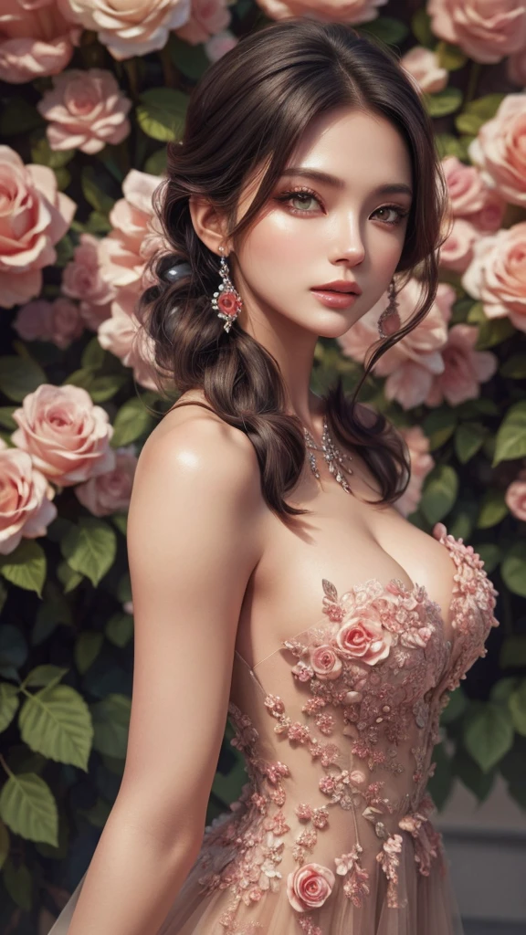 Beautiful black-haired woman with red eyes, elegant and refined, Rose flowers, Highly detailed face, Detailed eyes, beautiful long eyelashes, complicated details, Award-winning digital art, movie light, Amazing color, realistic, 8K, Masterpiece